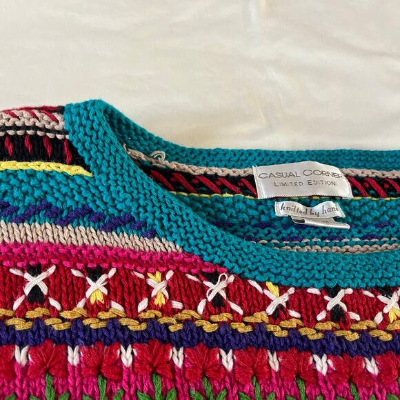 Vtg Y2K 2000s Colorful Floral Hand Knit Pullover Sweater Wmns M Nordic - Picture 2 of 8